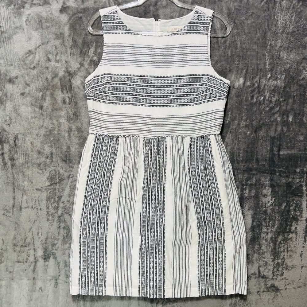 LOFT Womens Coastal Minimalist Fit Flare Dress Size 10 Striped Pockets - Picture 2 of 12